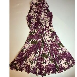 Bryan Bradley Floral Print 100% Silk Dress Sleeveless Purple halter Fit Flare‎ M